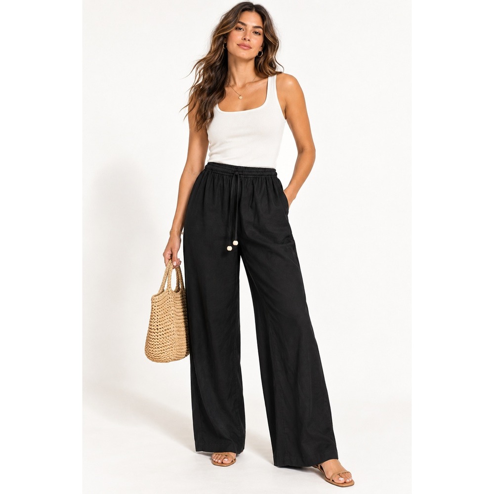 Friends Like These Black Linen Blend Wide Leg Drawstring Pants US 10 NWT